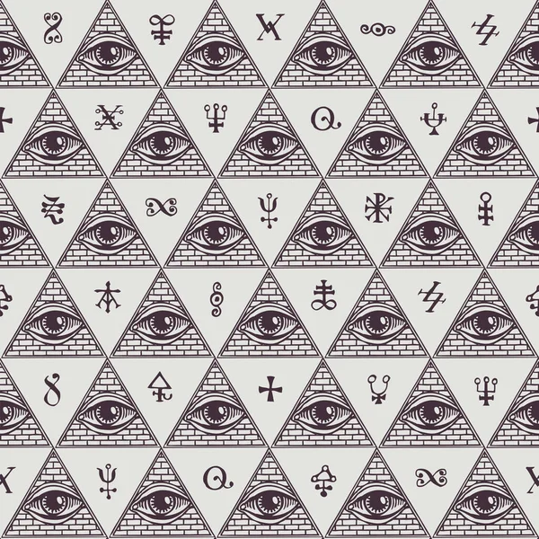 几何无缝图案 具有全视眼睛的标志和光背景上的魔法符号 倒叙风格的矢量手绘背景 三角形金字塔内有第三只眼睛 — 图库矢量图片