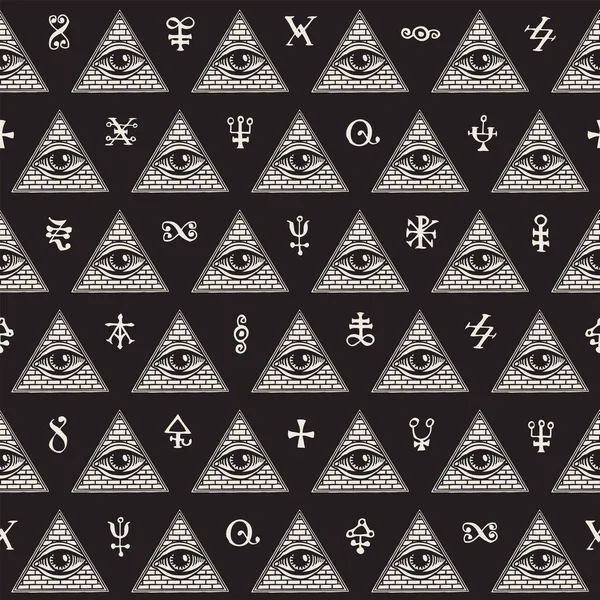 幾何学的なシームレスなパターンで 三角形のピラミッドと密教のシンボルの中に見える目の兆候があります レトロなスタイルの黒を背景に第三の目でベクトル繰り返しの背景 — ストックベクタ
