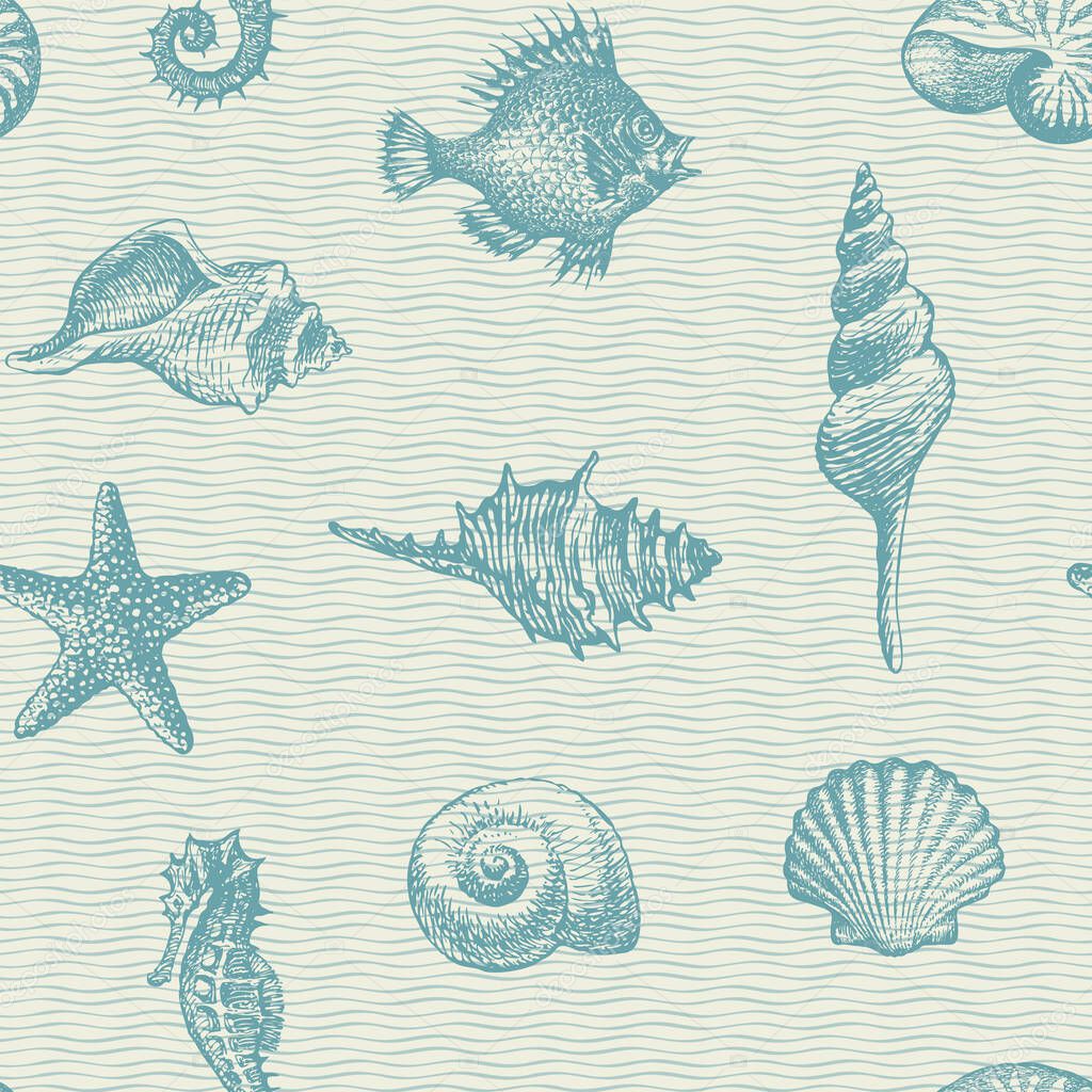 Seamless pattern with pencil drawings of seashells, starfish and seahorses on a backdrop with a blue wavy pattern. Vector background in retro style with beautiful hand-drawn shells of various shapes
