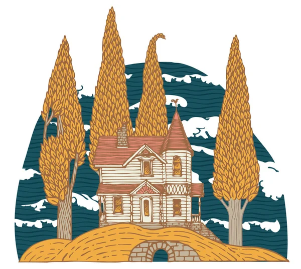 ログカントリー2階建ての家と丘の上に黄色の秋の木と装飾的な風景 手描きベクトルイラスト 漫画スタイルの美しい古い建物と庭 — ストックベクタ