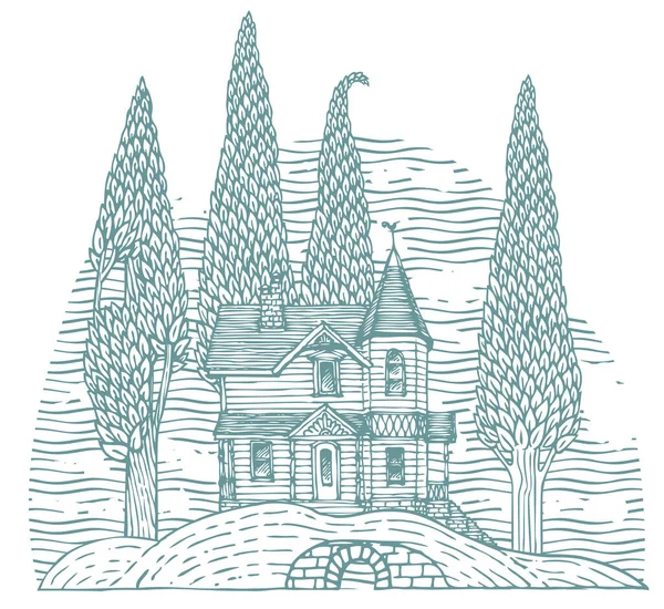 Illustrazione Decorativa Con Paese Tronco Casa Due Piani Alberi Snelli — Vettoriale Stock