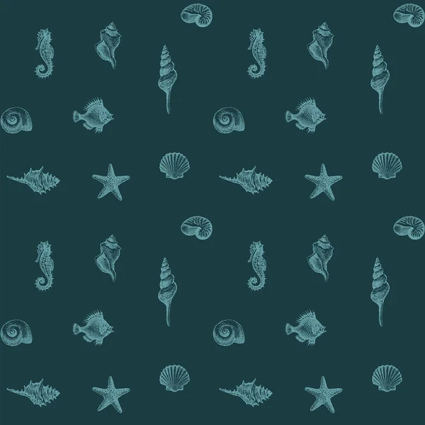 Nahtloses Muster Mit Handgezeichneten Muscheln Seesternen Und Seepferdchen Vor Dunkelblauem — Stockvektor