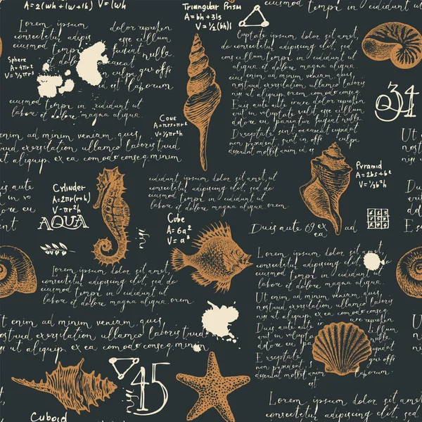 手書きのLorem Ipsumテキストと手書きの貝殻で抽象的なシームレスなパターン 黒を背景にシェル シーホース ヒトデの茶色の鉛筆画とレトロなスタイルのベクトル背景 — ストックベクタ