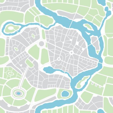Soyut şehir haritası şeklinde kusursuz bir desen. Şehir yol planı ile düz illüstrasyon tekrarlanıyor. Şehir sokakları, yeşil parklar ve mavi bir nehir olan dekoratif bir harita. Renkli şematik arkaplan
