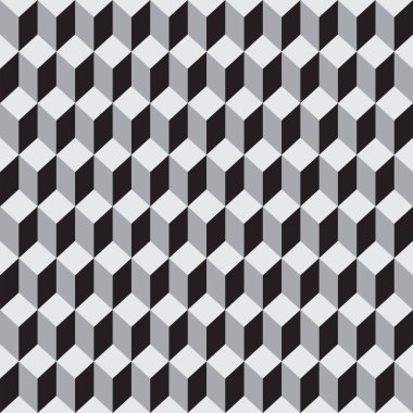 Gri 3 boyutlu küplerin kusursuz deseni. Küplerle geometrik fayanslar tekrar ediliyor. Optik yanılsamalar. Vektör monokrom arkaplan. Duvar kağıdı, ambalaj kağıdı, kumaş için uygun.
