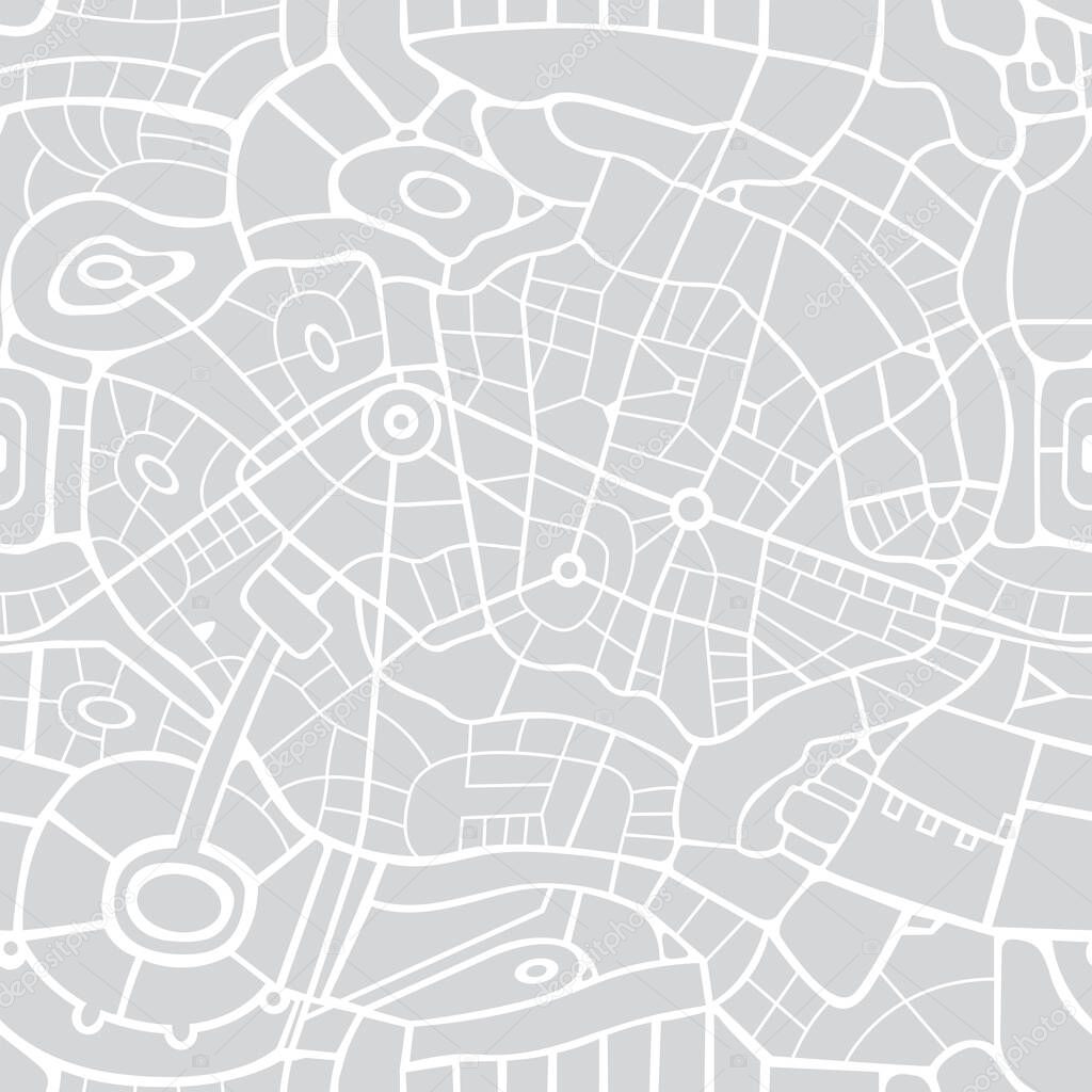 Seamless city map pattern. Vector repeating background with a schematic road map of an abstract city on a gray backdrop. Decorative urban texture, suitable for wallpaper design, wrapping paper, fabric