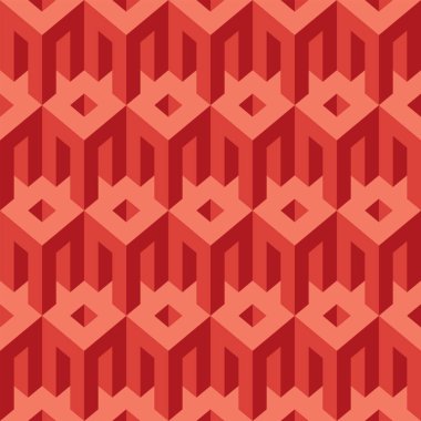 Mimari elementlerle kusursuz desen. Geometrik üç boyutlu elementlerle vektör dokusu tekrarlanıyor. Kırmızı tonlarda tek renkli arkaplan, duvar kağıdı, ambalaj kağıdı, kumaş, tekstil için uygun