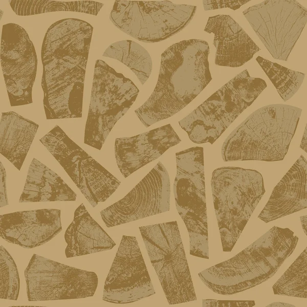 摘要用褐色的木刻和横断面碎片的无缝图案 矢量背景与各种木制纹理元素的复古风格 包装纸 — 图库矢量图片