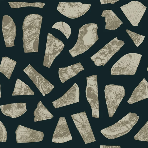Abstraktes Nahtloses Muster Mit Verschiedenen Fragmenten Alter Holzsägeschnitte Auf Schwarzem — Stockvektor