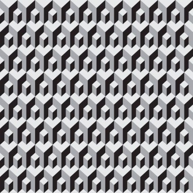Gri küplerin ve altıgenlerin soyut ve pürüzsüz desenleri. Geometrik fayansları üç boyutlu küplerle tekrar ediyorum. Optik yanılsama. Vektör monokrom arkaplan. Duvar kağıdı, ambalaj kağıdı, kumaş için uygun.