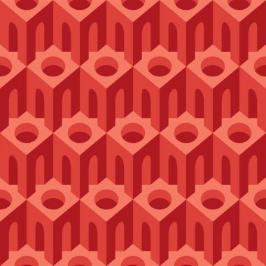 Mimari elementlerle kırmızı, pürüzsüz desen. Geometrik arkaplan, ambalaj kağıdı, duvar kağıdı, tekstil için uygun. 3B kübik elementler ve yuvarlanmış yarıklar ile vektör dokusu yineleniyor
