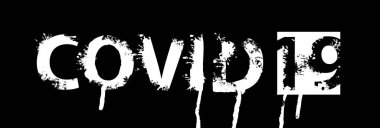 Siyah arka planda soyut beyaz harflerle yazılmış COVID 19. Soyut sıçrama ve lekeler şeklinde korkunç vektör yazıtları. Koronavirüs salgını. Siyah beyaz pankart veya uyarı işareti