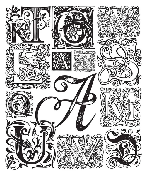 華やかな初期文字の黒と白のベクトルセット ヴィンテージのバロック様式の装飾が施された装飾的な大文字 モノグラム エンブレム カード 招待状のための美しいFiligree大文字 — ストックベクタ