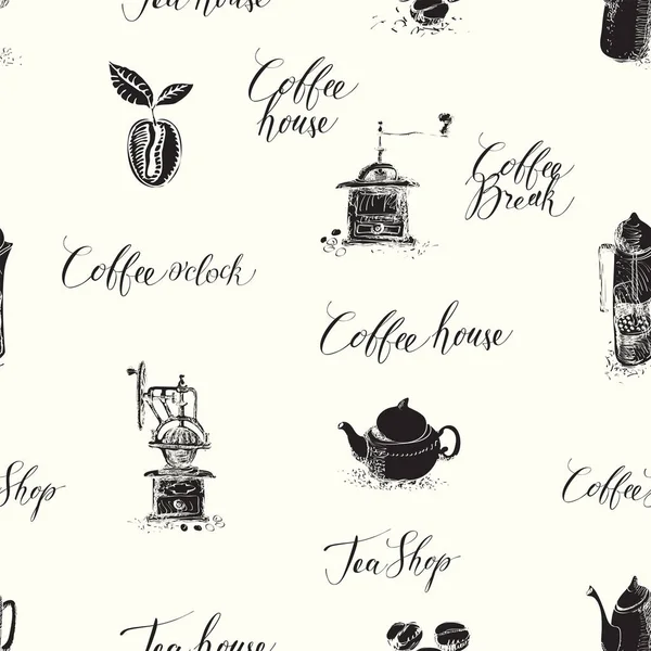 Motif Monochrome Sans Couture Avec Théières Dessinées Main Grains Café — Image vectorielle