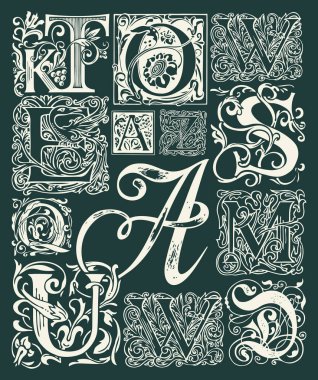 Klasik barok süslemelerle süslenmiş vektör harfler. Karanlık bir arka planda elle çizilmiş büyük harfler. Monogram, logo, amblem, kart, davetiye için kullanılacak güzel büyük harfler