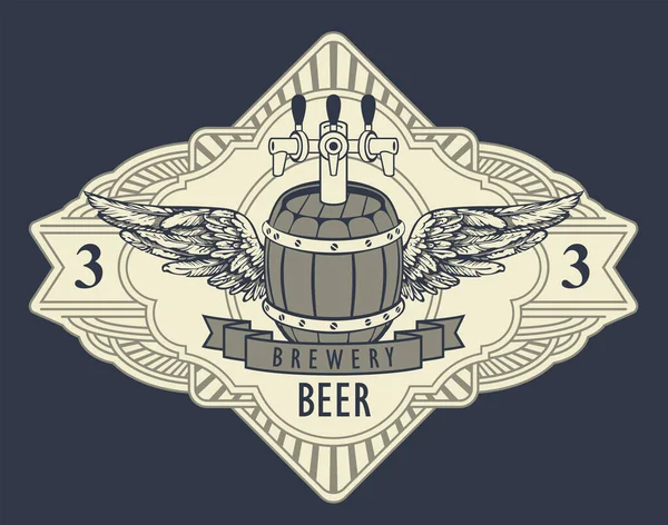 啤酒标签或复古风格的横幅 水龙头 翅膀和带子在华丽的框架隔离在黑色背景 酿酒厂 酒吧的单色载体标志 标签或徽章 — 图库矢量图片