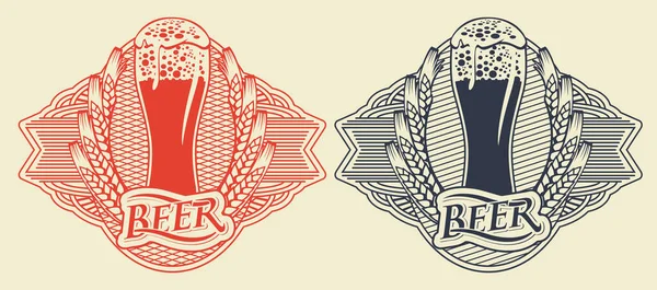Ensemble Étiquettes Bière Rouge Noire Avec Verre Débordant Bière Mousseuse — Image vectorielle
