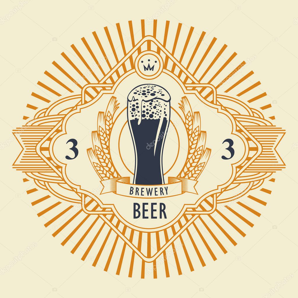 Beer label or banner with overflowing glass of frothy beer, ears of wheat and ornate frame with rays on a light background. Vector emblem, sticker, badge, tag in retro style for brewery, pub, bar