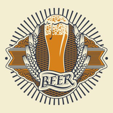 Bira etiketi ya da köpüklü bira dolu bardaklı pankart, süslemeli çerçevedeki buğday kulakları hafif arka planda geçmişe dönük ışınlar. Bira fabrikası, bar, bar için vektör çıkartması, amblem, rozet veya etiket