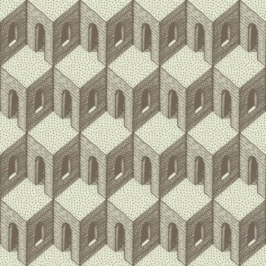 Elle çizilmiş 3D mimari elementlerle kusursuz bir desen. Operasyon sanatında birçok özdeş oda ile vektör dokusu tekrarlanıyor. Soyut geometrik arkaplan, duvar kağıdı, ambalaj kağıdı, döşeme
