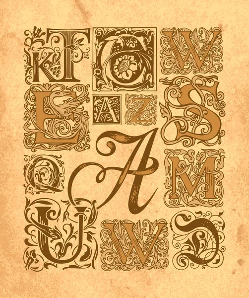 Conjunto Letras Iniciales Adornadas Con Ornamentos Barrocos Letras Mayúsculas Vintage — Vector de stock