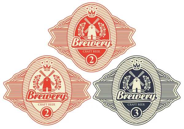 Set Three Beer Labels Windmill Laurel Wreath Inscription Brewery Vector — Stock Vector