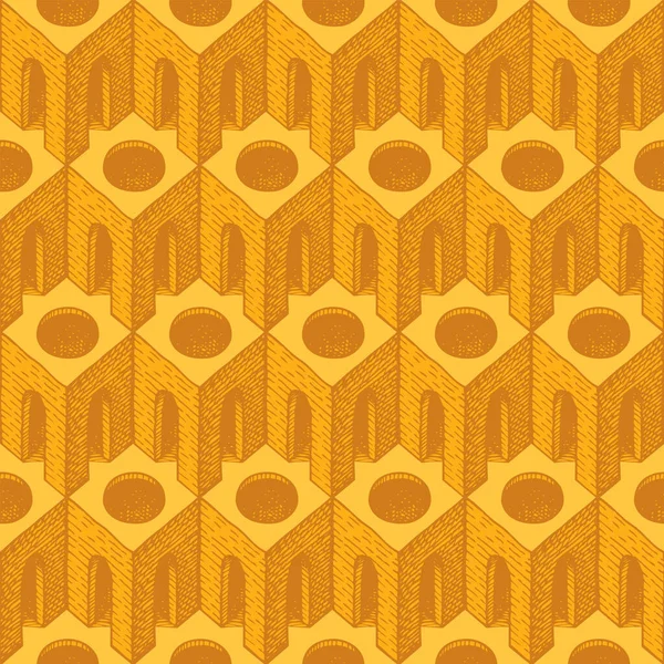 3D建築要素と黄色のシームレスなパターン 手描きの立方要素 アーチ 丸穴でベクトルテクスチャを繰り返します モノクローム幾何学的背景 — ストックベクタ