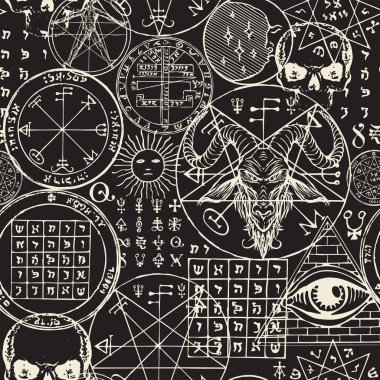 Monochrome seamless pattern with hand-drawn goat head, all-seeing eye, vitruvian man, human skulls, esoteric and masonic symbols on a black backdrop. Abstract vector background in retro style clipart