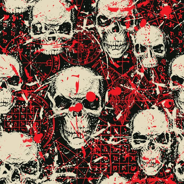 Abstraktní Bezešvý Vzor Zlověstnými Lidskými Lebkami Krvavými Skvrnami Červenými Kresbami — Stockový vektor