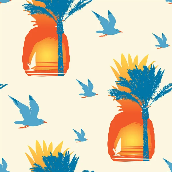 热带无缝模式的主题是夏季海上旅行 在日落或日出时带着海鸥 菠萝的轮廓 棕榈树和冲浪者在浅色背景下反复出现的矢量背景 — 图库矢量图片
