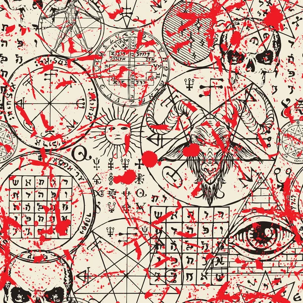 Ручной Рисунок Бесшовным Рисунком Головы Козла Всевидящим Глазом Человеческими Черепами — стоковый вектор