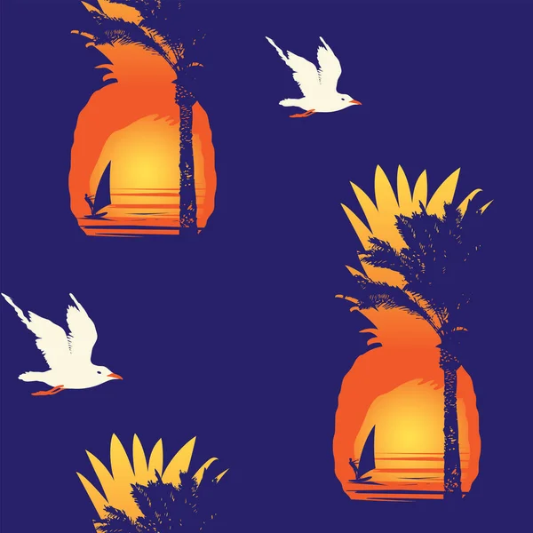 在日出或日落时 带着菠萝 棕榈树 冲浪者和海鸥在深蓝色背景下的轮廓的热带无色图案 夏季海上旅行主题的矢量背景 — 图库矢量图片