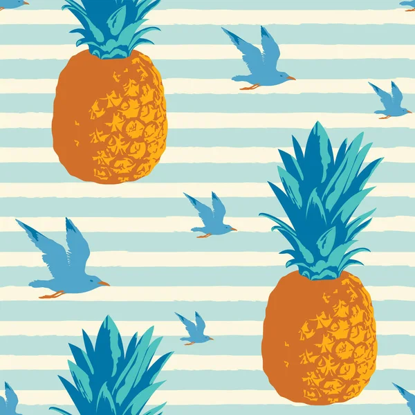 Decorative seamless pattern with flying seagulls and pineapples on a striped backdrop in retro style. Vector repeatable background, suitable for wallpaper, wrapping paper, fabric, summer design