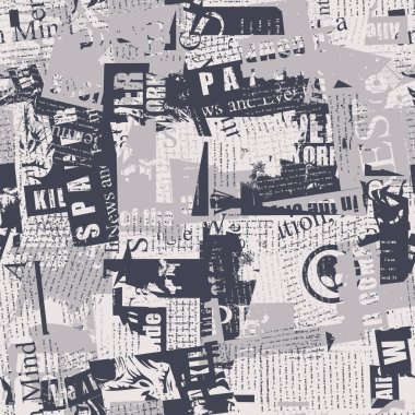 Gazete metni, illüstrasyon ve başlık kaotik katmanlı, soyut, pürüzsüz desen. Modern tarzda tek renkli vektör arkaplanı, duvar kağıdı, ambalaj kağıdı, kumaş tasarımı için uygun