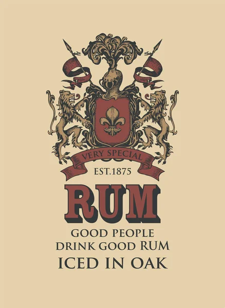 Etiqueta Banner Desenhado Mão Para Rum Com Brasão Ornamentado Sobre — Vetor de Stock
