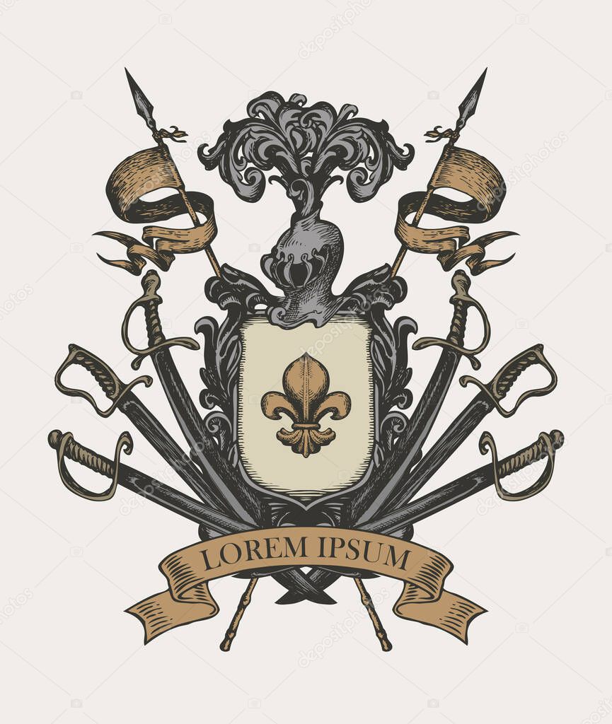 Vector heraldic Coat of arms with knightly helmet, spears, sabers, swords, ribbon and a fleur de lis on a shield. A medieval heraldry, emblem, sign, symbol. Hand-drawn illustration in vintage style