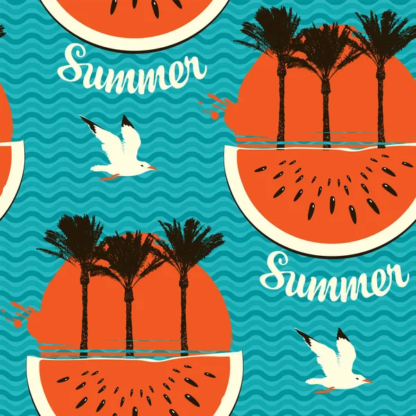 Summer Seamless Pattern Silhouettes Palm Trees Big Red Sun Watermelon — Stock Vector