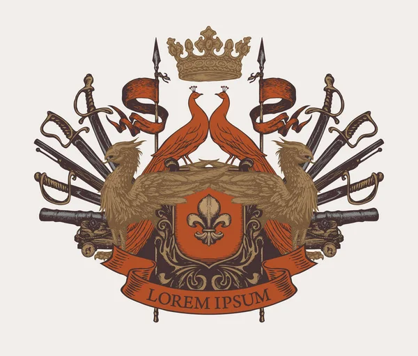 Escudo Medieval Con Grifos Pavos Reales Escudo Caballeros Lanzas Banderas — Archivo Imágenes Vectoriales