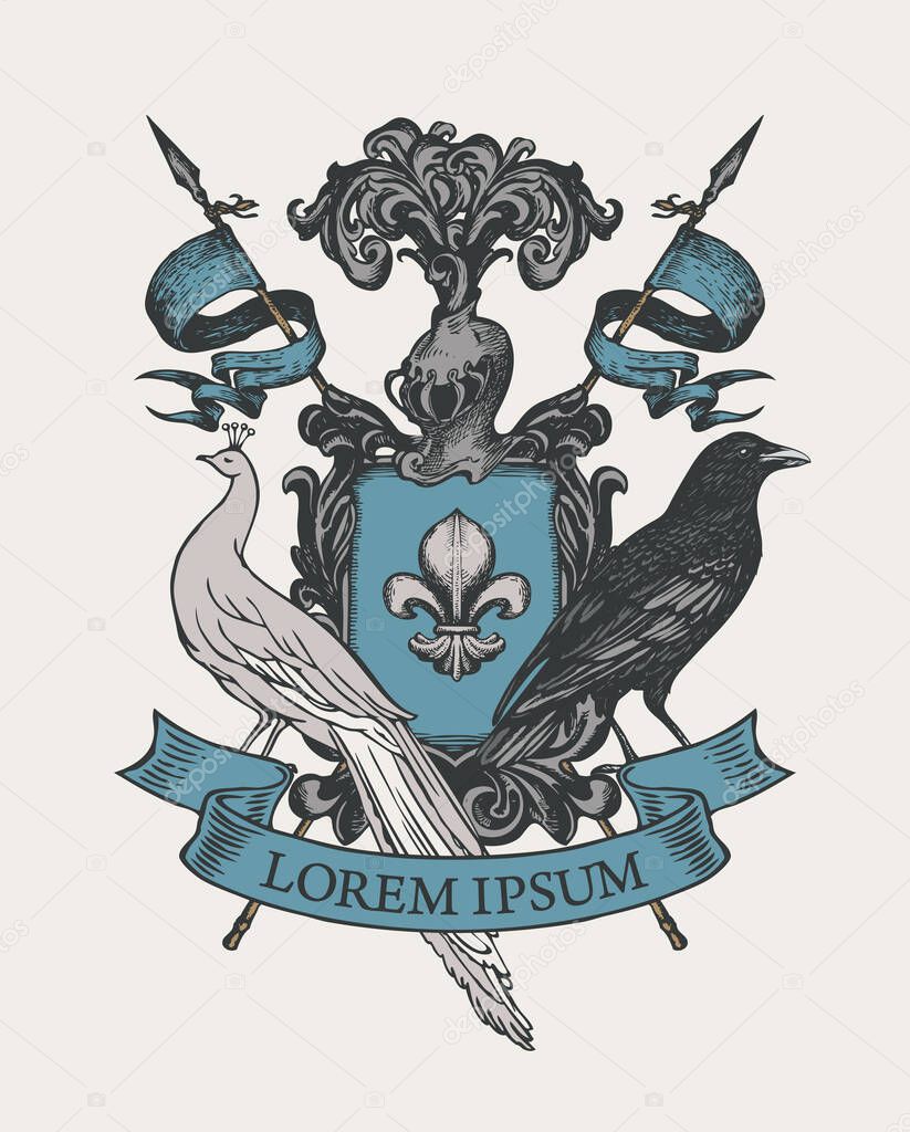 Hand-drawn Coat of arms with light peacock, black raven, flags, ribbon, knightly helmet and a fleur de lis on a shield. A medieval heraldry, emblem, sign, symbol. Vector illustration in vintage style