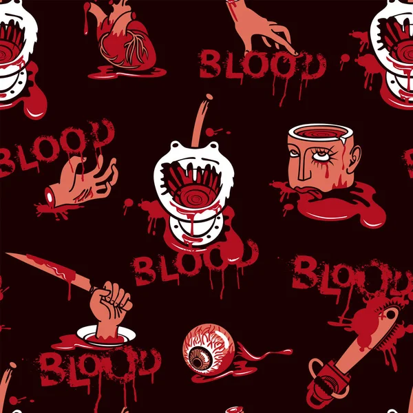 Zökkenőmentes Minta Kísérteties Rajzfilm Képek Feliratok Blood Fekete Háttér Vektor — Stock Vector