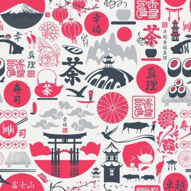 Japon hiyeroglifleri, suşi, çay, mükemmellik, mutluluk, doğruluk, Fujiyama, Japonya postası temalı kusursuz bir desen. Tekrarlayan arkaplan, duvar kağıdı, ambalaj kağıdı, kumaş
