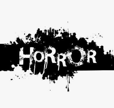 HORROR harfleri grunge tarzında korkutucu harflerle. Soyut yazıtlı siyah-beyaz vektör pankartı, uğursuz siyah lekeler ve damlalar. Cadılar Bayramı partisi için tasarım ögesi