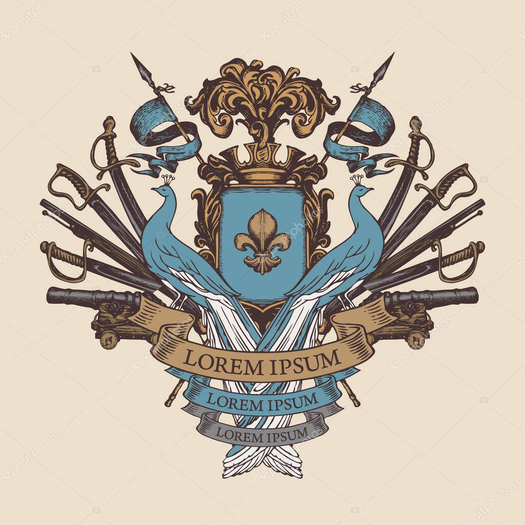 Medieval hand-drawn Coat of arms with blue peacocks, knightly shield, spears, flags, sabers, swords, cannons, crown and fleur-de-lis. Ornate vector illustration in vintage style, emblem, sign, symbol