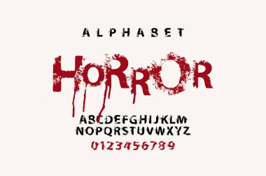 HORROR korkunç kanlı harflerle yazılıydı. Alfabe sıçramış, alfabe harfleri vektör kümesi ve hafif arkaplanda numaralar. Başlık, poster, etiket için korkutucu yazı tipi. Cadılar Bayramı parti tarzı