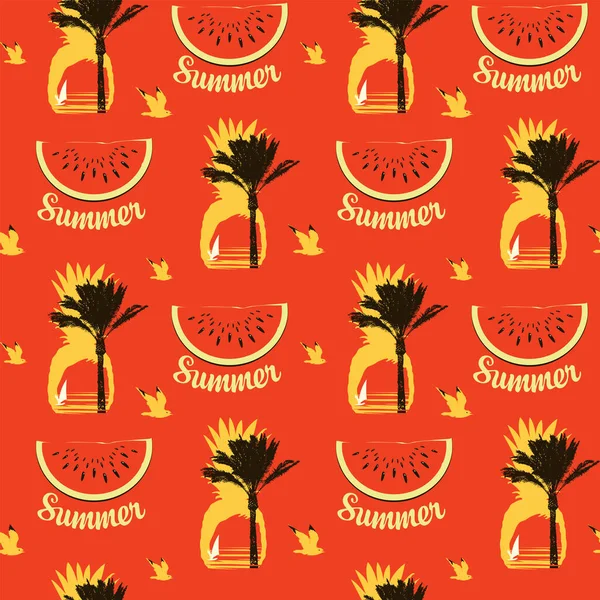 夏の海の旅をテーマにベクトルシームレスパターン スイカのスライス カモメ パイナップルのシルエット 日没時のヤシの木とサーファー または赤い背景の日の出と熱帯の背景 — ストックベクタ