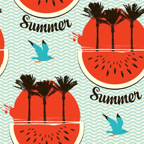 Tropical Seamless Pattern Silhouettes Palm Trees Big Red Sun Armelon — стоковый вектор