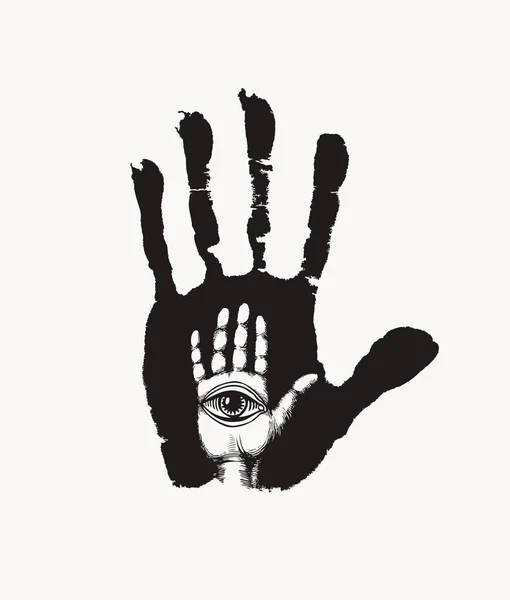 黑色手印 有一只白色的人类手 都能看到眼睛的符号 以隐身术或炼金术为主题的矢量手绘横幅 第三只眼睛盯着开放的手掌 复古风格 — 图库矢量图片