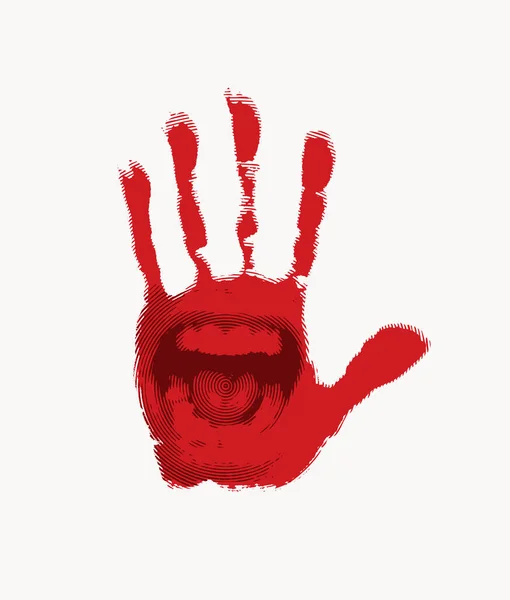 矢量横幅与红色手印与一个开放的人类嘴在手掌隔离的白色背景 带有尖叫嘴和手印的摘要说明 — 图库矢量图片