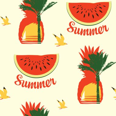 Güneş doğarken karpuz dilimleri, yazıtlar, martılar, ananas siluetleri ve palmiye ağaçları olan tropik, dikişsiz desenler. Yaz deniz seyahati konulu bir konunun vektör geçmişi