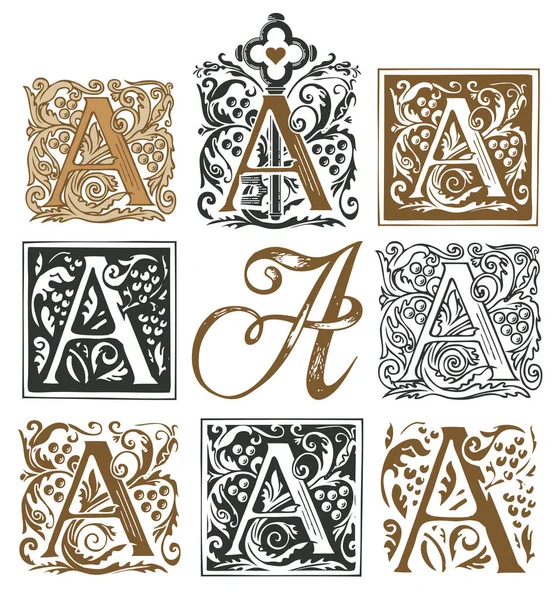 Initial Letter Vintage Baroque Ornamentation Vector Illustrations Uppercase Letter Decorations — Stock Vector